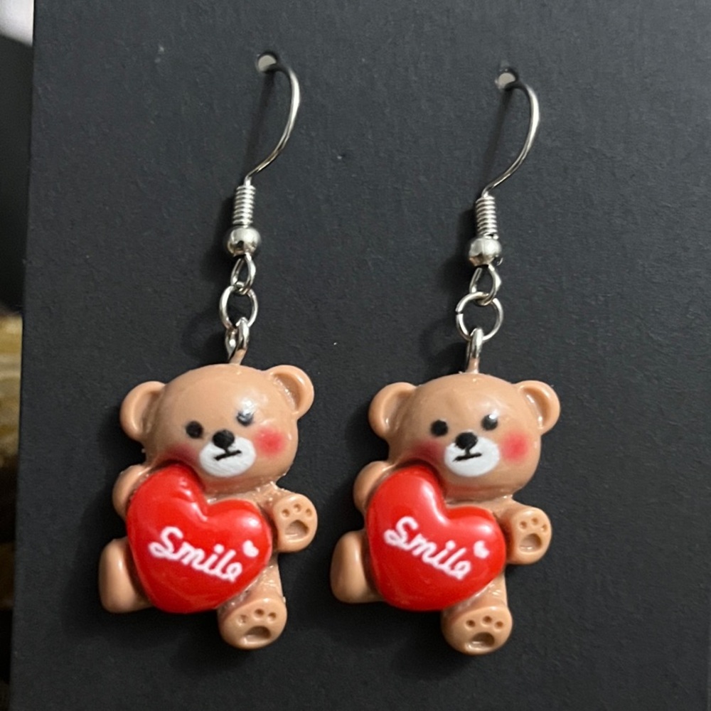 Cute Teddy Bear Earrings with Red Heart